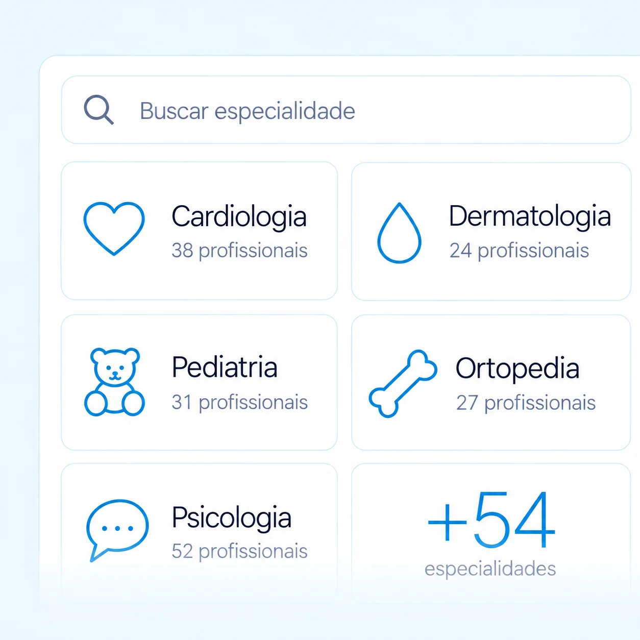 Busca de especialidades com cardiologia, dermatologia, pediatria e mais de 54 outras