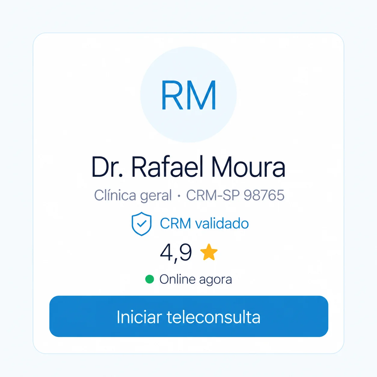 Perfil de clínico geral com CRM validado, online e pronto para teleconsulta